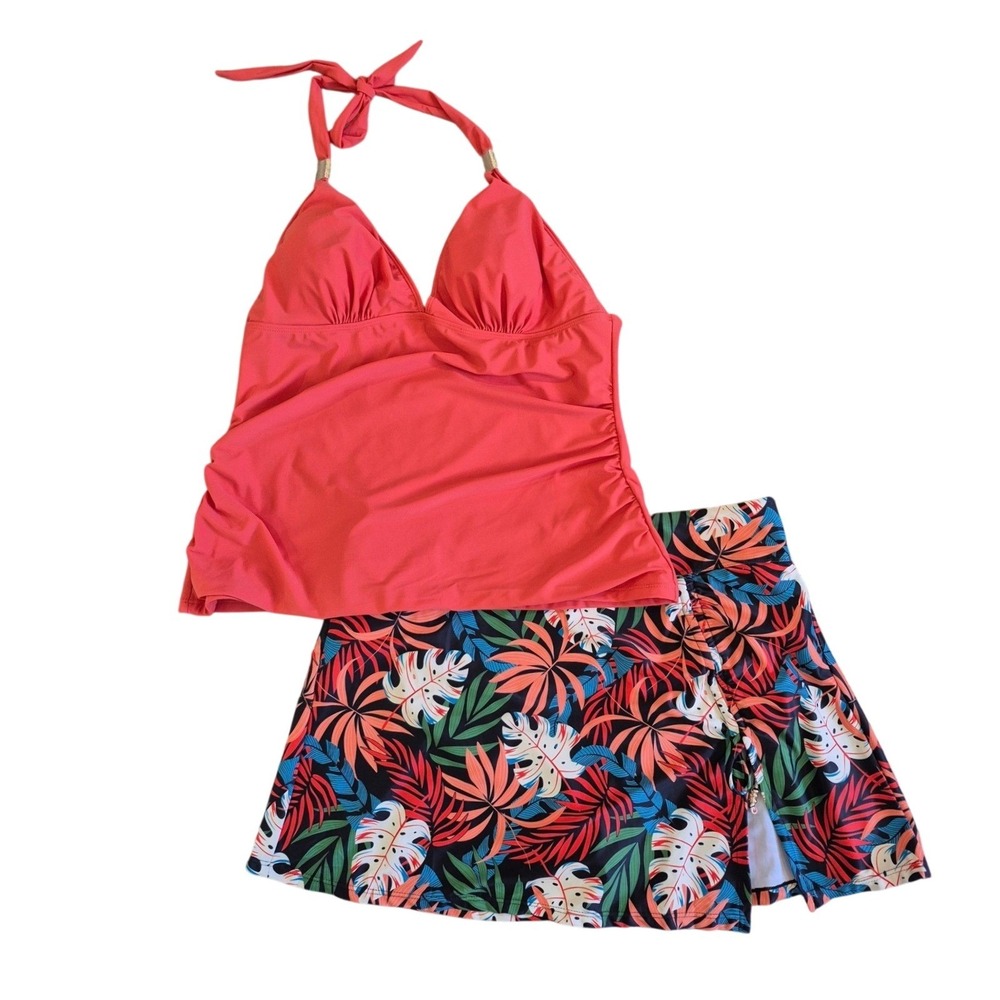 Coral Tankini Top and Tropical Leaf Swim Skirt Set Womens XXL
